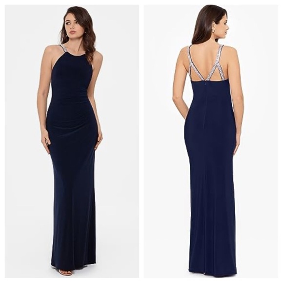 New! Betsy Adam navy blue rhinestone strap maxi dress gown 26477